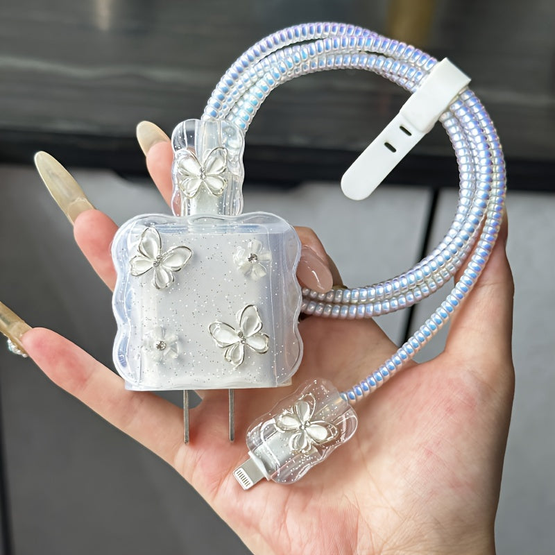 5-Piece Set 3D Cartoon Crystal Butterfly Design Charger Protector Cover Suitable for Apple 18W/20W Adapter, TPU Cable Protector Sleeve with Phone Cable Spiral Protection Accessories